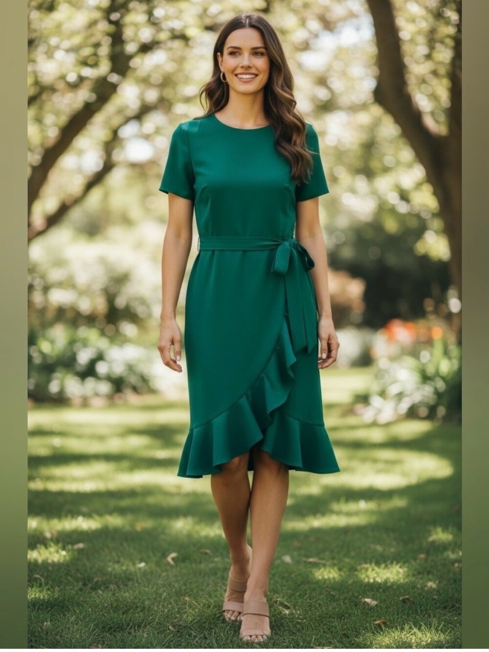 Calvin Klein Emerald Green Short Sleeve Ruffle Wrap Midi Dress